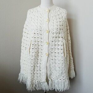 Vintage Cream Crochet Fringe Poncho Cape